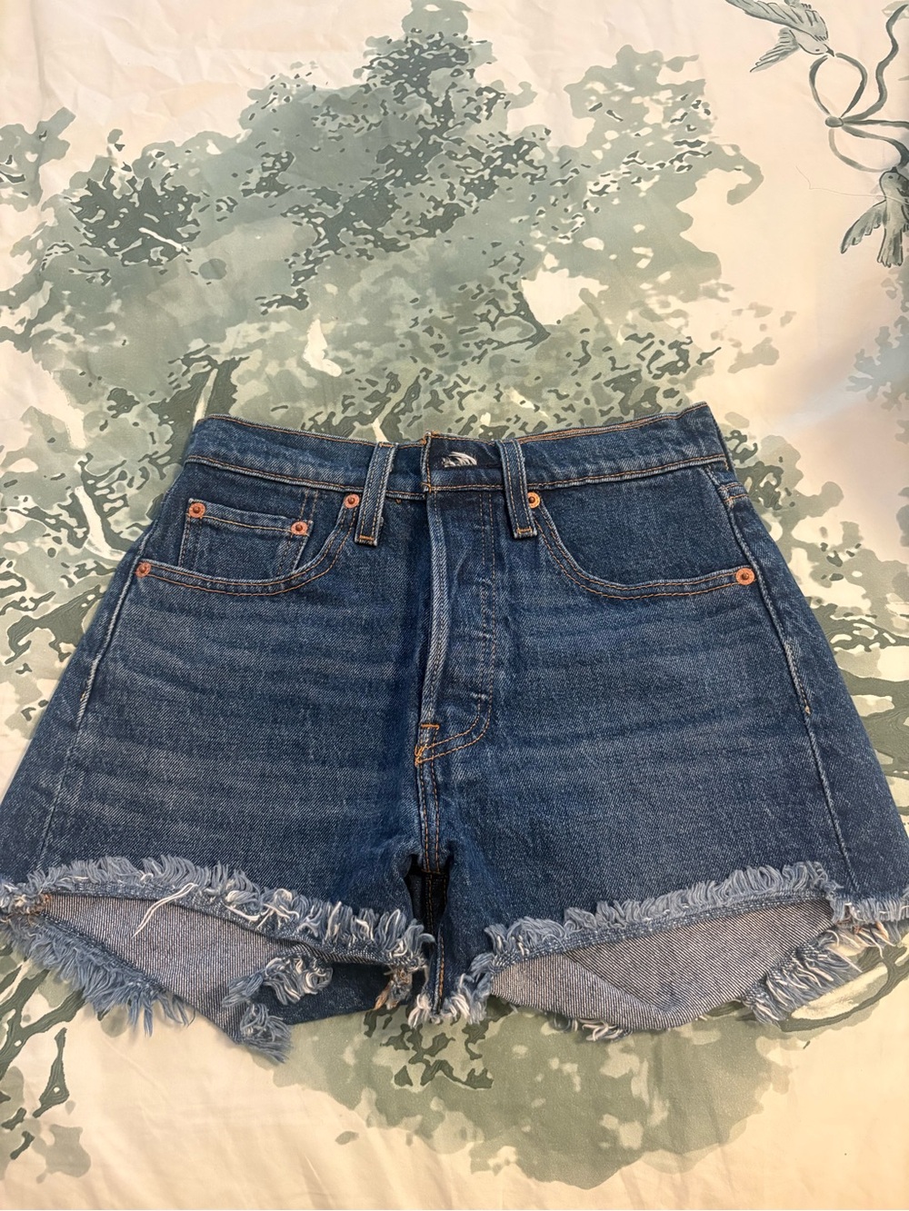 Levi's Dark Blue Frayed Denim Shorts 25